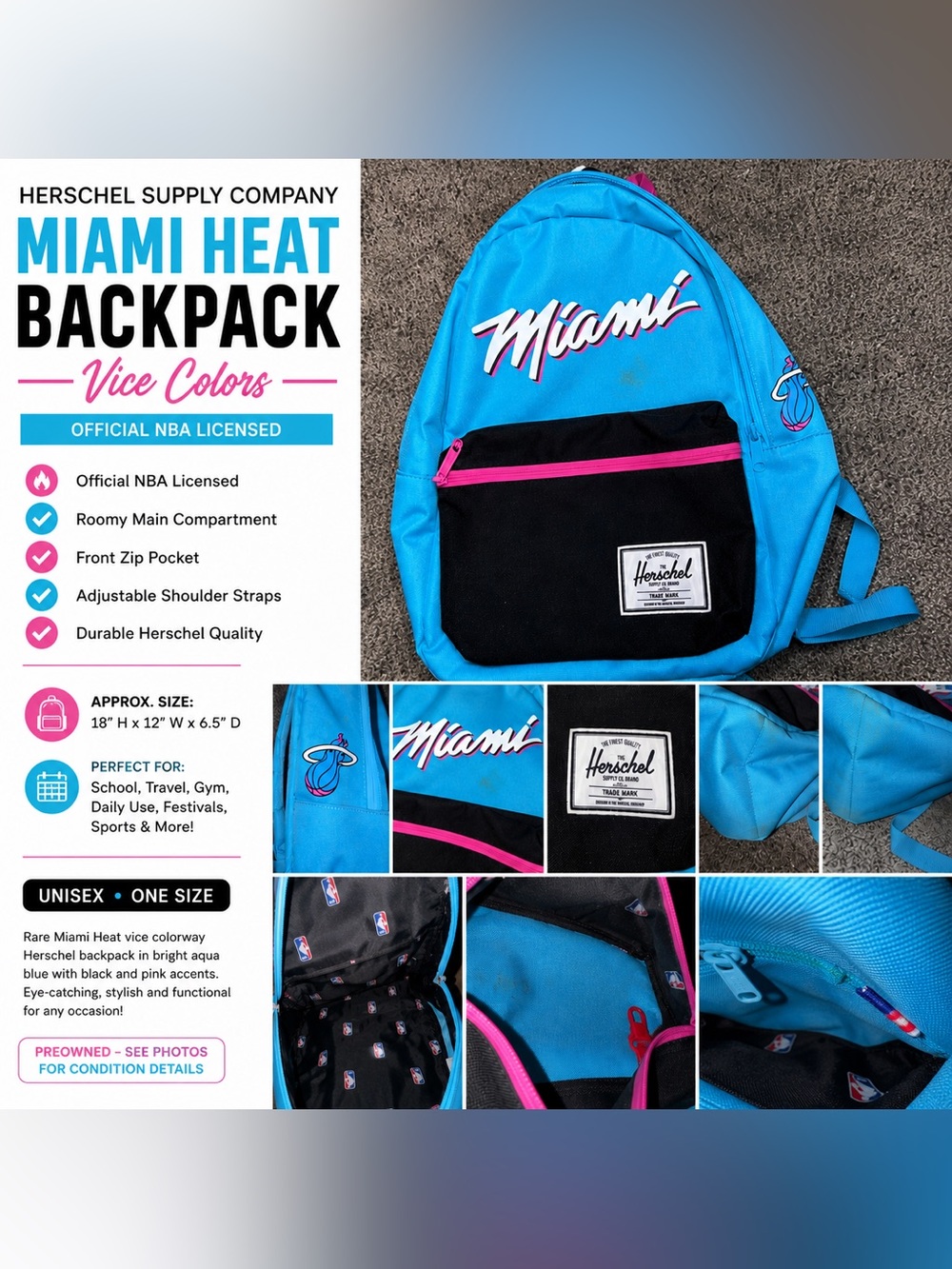 Herschel Miami Heat Backpack Blue Pink Vice Colors NBA Travel School Bag
